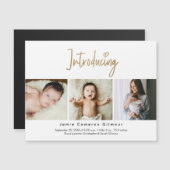 Gold Script Introductie van Baby Custom 3-foto Magnetische Uitnodiging (Voorkant / Achterkant)
