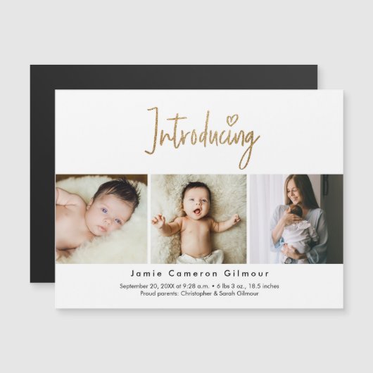 Gold Script Introductie van Baby Custom 3-foto Magnetische Uitnodiging (Voorkant / Achterkant)