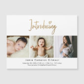 Gold Script Introductie van Baby Custom 3-foto Magnetische Uitnodiging (Voorkant)