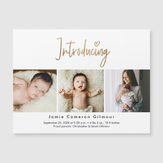Gold Script Introductie van Baby Custom 3-foto Magnetische Uitnodiging (Voorkant)