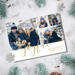 Gold Script Joyful 4-foto kerstfeestdag Kaart<br><div class="desc">Een elegante fotovakantiekaart met uw speciale favoriete 4 foto's en uw familienaam en datum die in klassieke moderne typografie zijn geplaatst over een chique scriptbericht van vreugde. Ontworpen door: Thisnotme©</div>