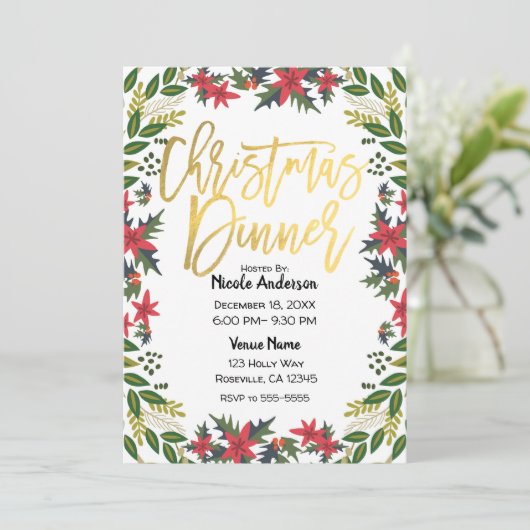 Gold Script Kerstfeest Bloemen Rustiek Kaart (Staand voorkant)