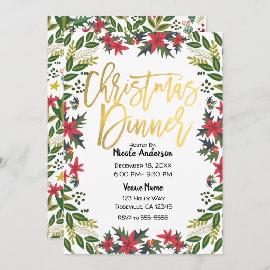 Gold Script Kerstfeest Bloemen Rustiek Kaart (Voorkant / Achterkant)