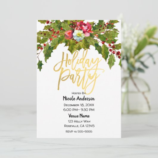 Gold Script-kerstfeestdag Holly Floral Kaart (Staand voorkant)