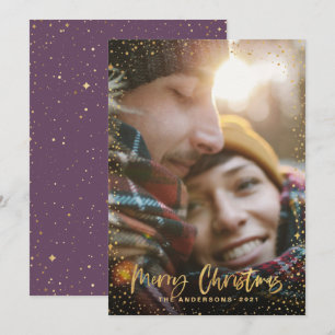 Gold script kerststerren 1 foto paars feestdagenkaart
