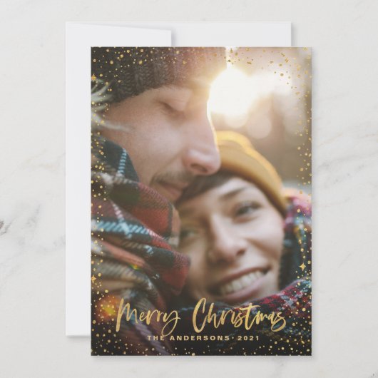 Gold script kerststerren 1 foto rode feestdag feestdagenkaart (Voorkant)