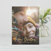 Gold script kerststerren 1 foto rode feestdag feestdagenkaart (Staand voorkant)