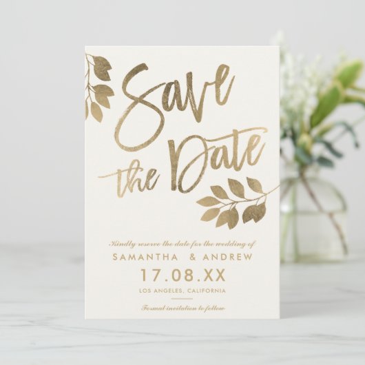 Gold script leaf bruiloft, behalve de datum save the date (Staand voorkant)