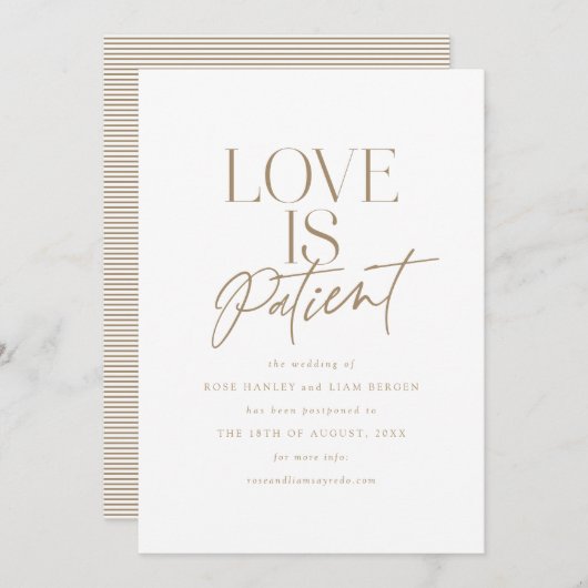 Gold Script Love Wedding Postponed Change the Date Aankondiging (Voorkant / Achterkant)