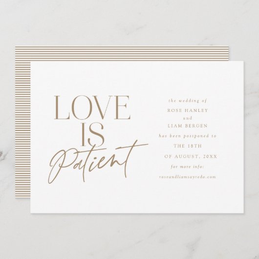 Gold Script Love Wedding Postponed Change the Date Aankondiging (Voorkant / Achterkant)