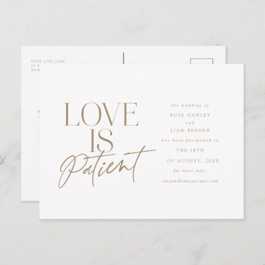 Gold Script Love Wedding Postponed Change the Date Briefkaart (Voorkant / Achterkant)