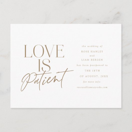 Gold Script Love Wedding Postponed Change the Date Briefkaart (Voorkant)