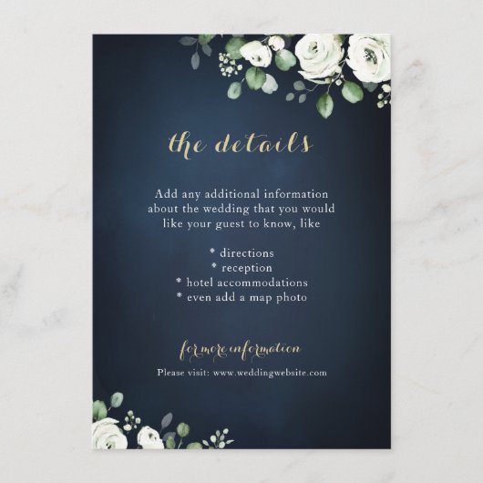 Gold script marvy white floral bruildetails informatiekaartje (Voorkant)