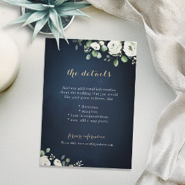 Gold script marvy white floral bruildetails informatiekaartje