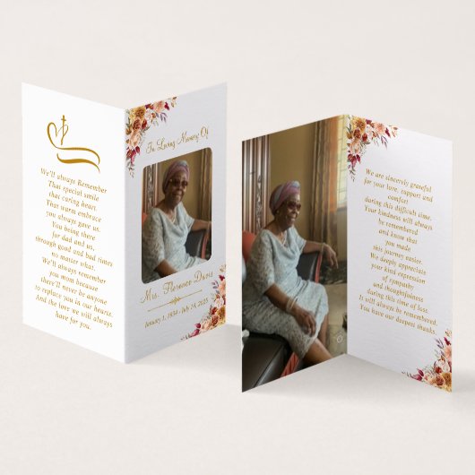 Gold Script Memorial Photo Folder Prayer Kaart (Binnen en buitenkant)