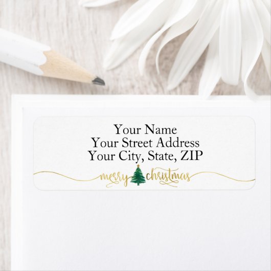 Gold Script MERRY CHRISTMAS Green Waterverf Tree Etiket (Insitu)