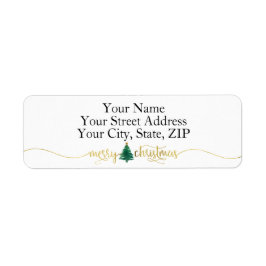 Gold Script MERRY CHRISTMAS Green Waterverf Tree Etiket