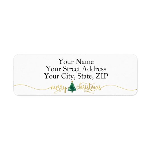 Gold Script MERRY CHRISTMAS Green Waterverf Tree Etiket (Voorkant)
