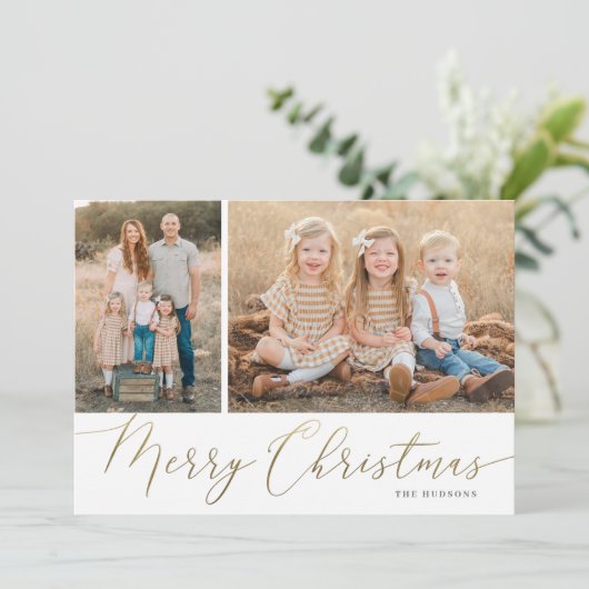Gold Script Merry kerst Elegant 2 Foto Feestdagenkaart (Staand voorkant)