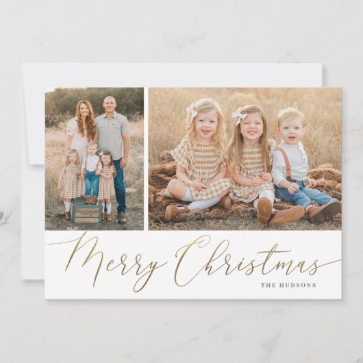 Gold Script Merry kerst Elegant 2 Foto Holida Feestdagenkaart (Voorkant)