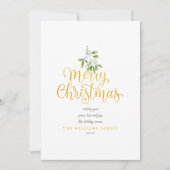 Gold Script Merry Kerstmis Mistletoe Foto Feestdagenkaart (Voorkant)
