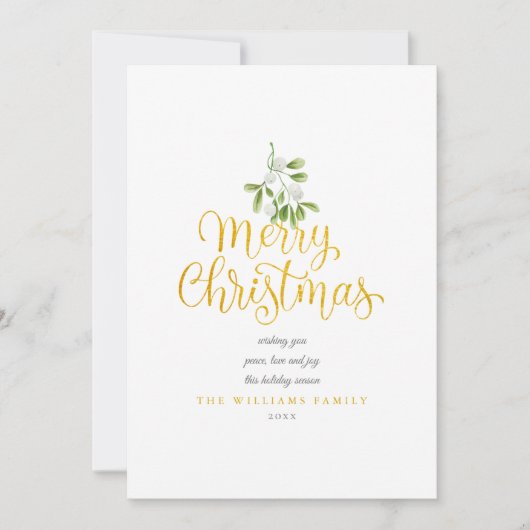 Gold Script Merry Kerstmis Mistletoe Foto Feestdagenkaart (Voorkant)