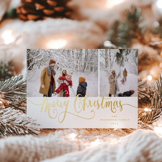Gold Script Merry kersttartan Foto Folie Feestdagenkaart