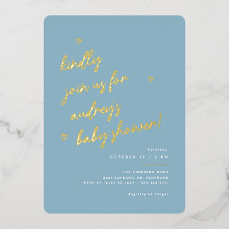 Gold Script | Modern lichtblauw Baby shower Folie Uitnodiging