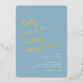 Gold Script | Modern lichtblauw Baby shower Folie Uitnodiging (Voorkant)