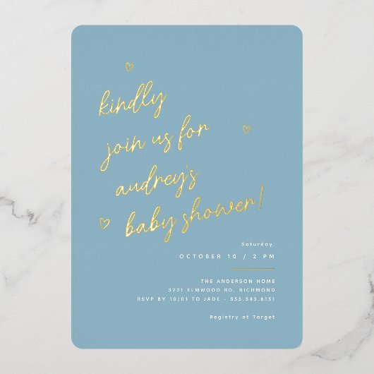 Gold Script | Modern lichtblauw Baby shower Folie Uitnodiging (Voorkant)