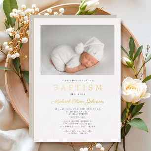 Gold Script Modern Taupe Photo Boy Baptisme Folie Uitnodiging
