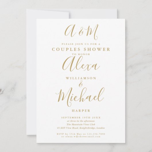 Gold Script Monogram Couples Bridal Wedding Shower Kaart (Voorkant)