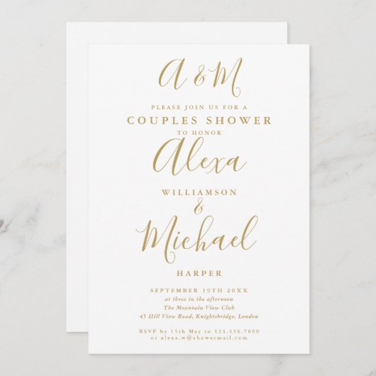Gold Script Monogram Couples Bridal Wedding Shower Kaart (Voorkant / Achterkant)