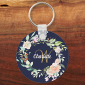 Gold Script Monogram Navy Blue Floral Rozen Sleutelhanger (Achterkant)