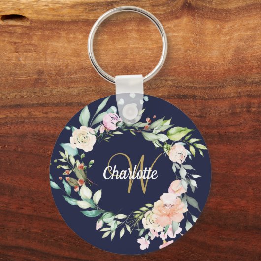 Gold Script Monogram Navy Blue Floral Rozen Sleutelhanger (Achterkant)