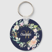 Gold Script Monogram Navy Blue Floral Rozen Sleutelhanger (Achterkant)