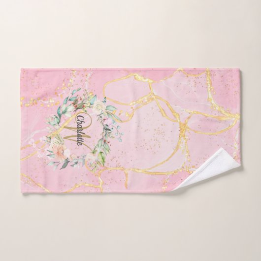 Gold Script Monogram roze geode Agate Floral Bad Handdoek (Handdoek)