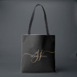Gold Script Monogram zwart Tote Bag<br><div class="desc">Een chique modern stijlvol gouden wit monogram op zwarte canvas tas,  met een dramatisch script initiaal met swashes en je volledige naam in een modern serif type, </div>