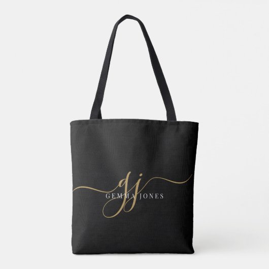 Gold Script Monogram zwart Tote Bag (Achterkant)