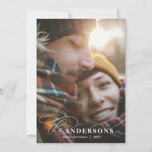 Gold script mustard plaid backer 1 foto Kerstmis Feestdagenkaart (Voorkant)