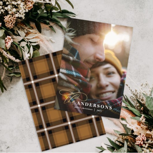 Gold script mustard plaid backer 1 foto Kerstmis Feestdagenkaart