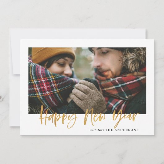 Gold script mustard tartan modern stijlvol nieuw j feestdagenkaart (Voorkant)