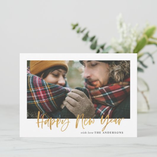 Gold script mustard tartan modern stijlvol nieuw j feestdagenkaart (Staand voorkant)