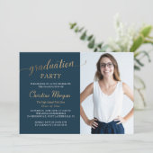 Gold Script Navy Blue Graduparty foto Kaart (Staand voorkant)