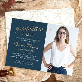 Gold Script Navy Blue Graduparty foto Kaart