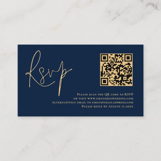 Gold Script Navy Blue QR Code Weddenschap RSVP Informatiekaartje (Voorkant)