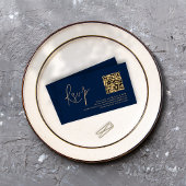 Gold Script Navy Blue QR Code Weddenschap RSVP Informatiekaartje