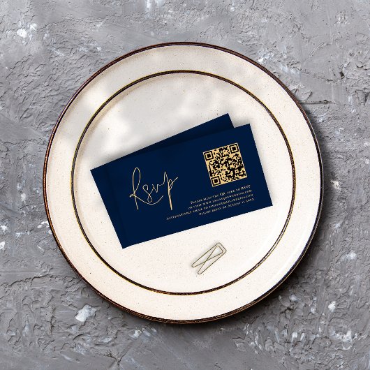 Gold Script Navy Blue QR Code Weddenschap RSVP Informatiekaartje