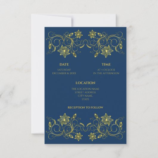 Gold Script op Atlantic Blue en Filigree Wedding Kaart (Achterkant)