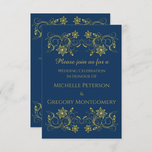 Gold Script op Atlantic Blue en Filigree Wedding Kaart (Voorkant / Achterkant)